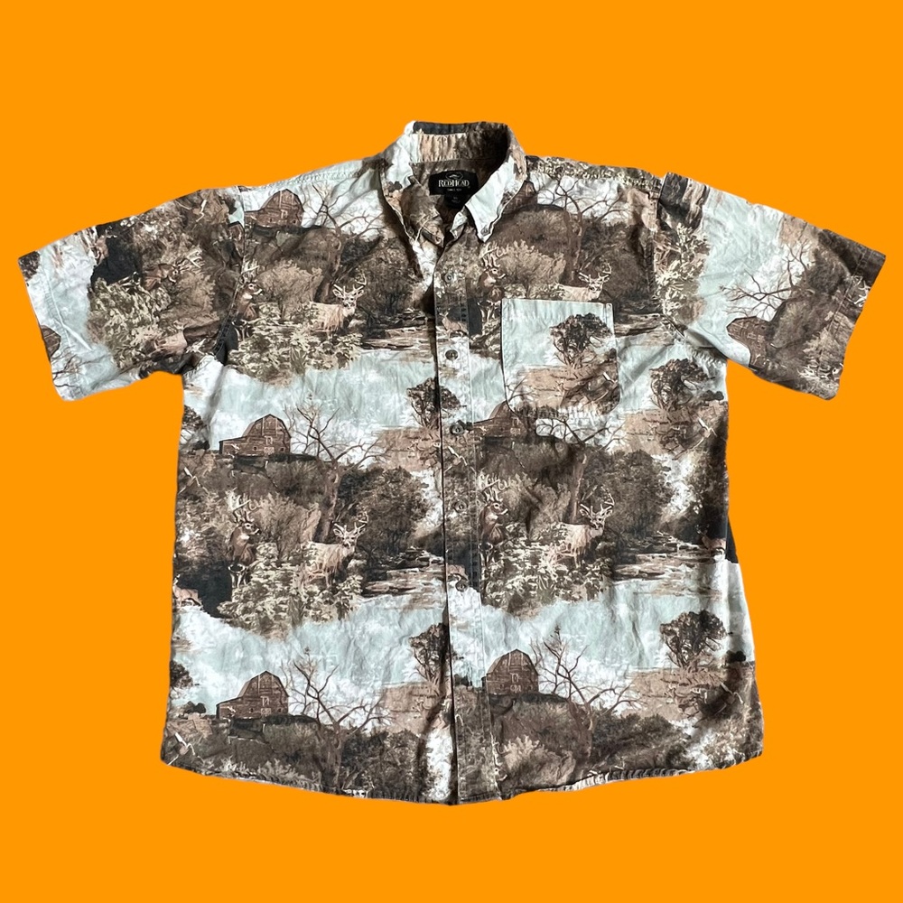 RedHead Button Shirt Deer Nature Print Brown Blue Men Size XL